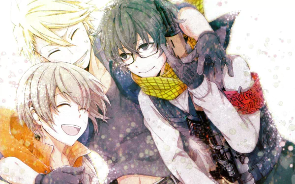 Aoharu × Kikanjū (Aoharu x Kikanjuu) anime HD PC wallpaper/background: three smiling characters — dark-haired glasses-wearer with a yellow scarf and two light-haired friends in soft watercolor tones.