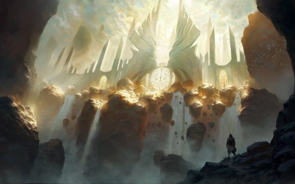 Fantasy Landscape Gate Waterfall Sunbeam Rock HD Wallpaper | Background Image