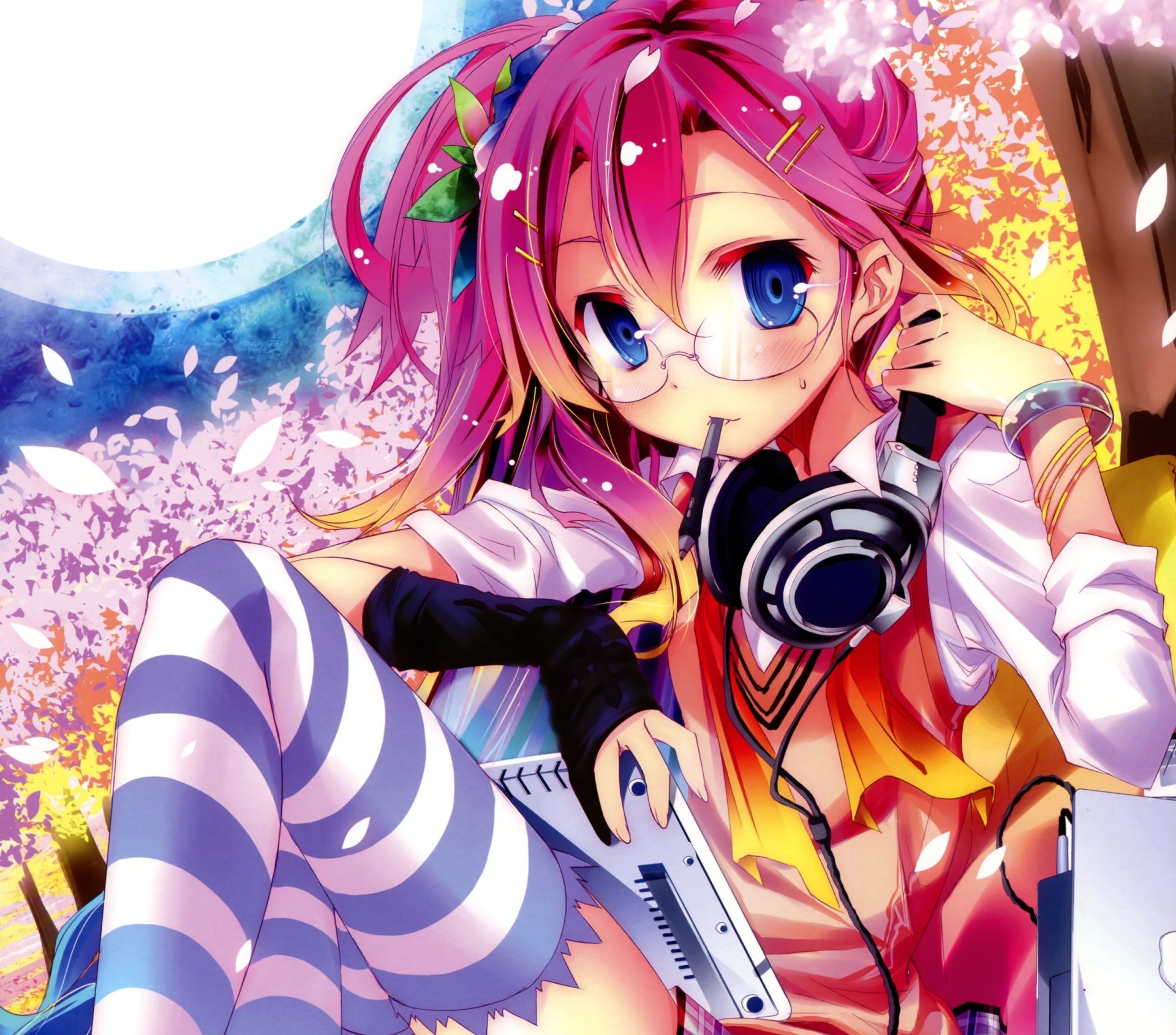 Download Blue Eyes Blush Glasses Glove Cherry Blossom Pink Hair Anime Headphones HD Wallpaper by Kamiya Yuu