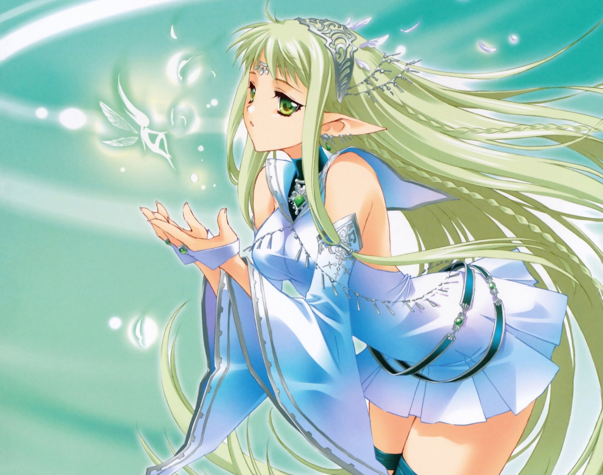 4K Ultra HD PC desktop anime original wallpaper: blonde, long-haired fairy with braid, pointed ears, green eyes and ornate headdress, in a flowing blue dress releasing glowing motes.