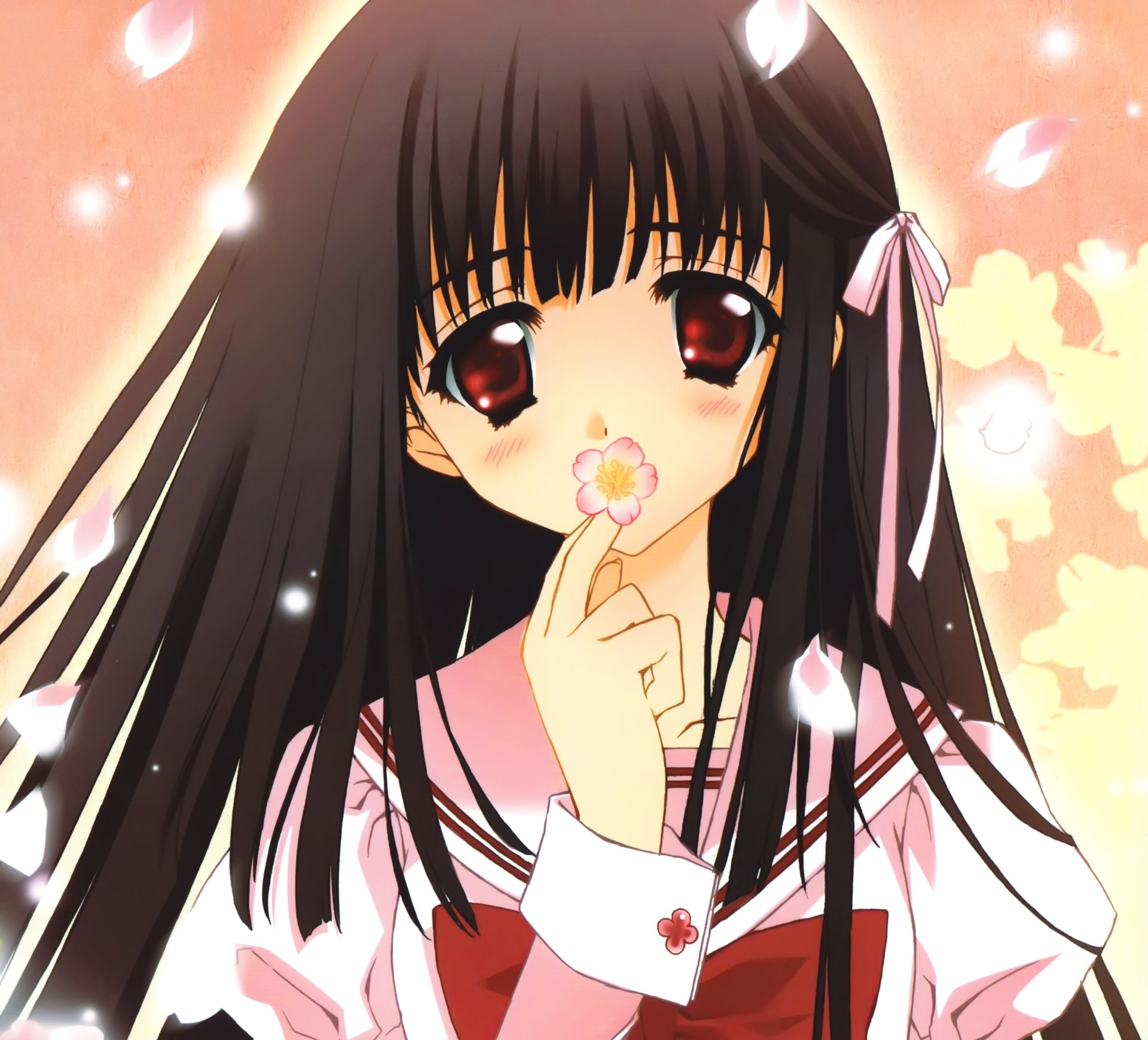 Download Red Eyes Blush Cherry Blossom Long Hair Black Hair Anime Original 4k Ultra HD Wallpaper by Carnelian