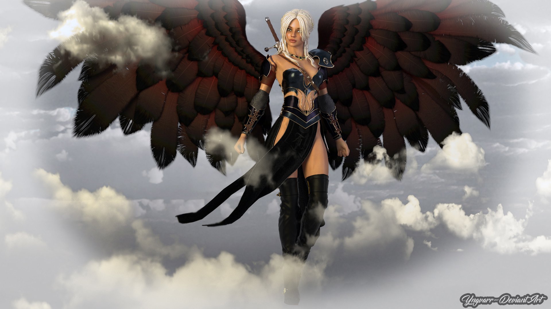 HD PC desktop wallpaper of a woman warrior angel with dark feathered wings, leather armor and sword, hovering above clouds beneath a brooding sky.