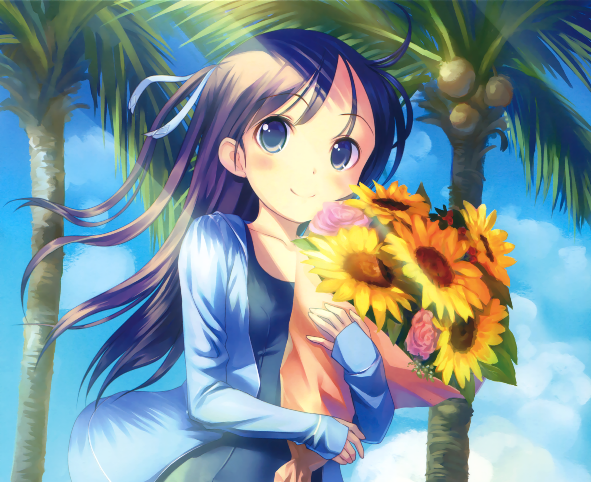 Download Blush Brown Hair Long Hair Smile Swimsuit Palm Tree Sunflower Anime Original HD Wallpaper by takoyaki