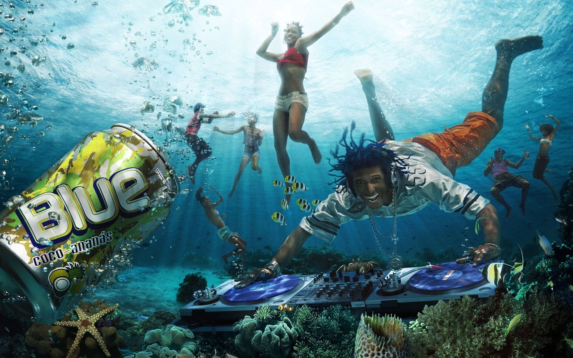 HD CGI desktop wallpaper depicting a vibrant underwater scene with a DJ mixing on turntables, surrounded by dancing people and a floating Blue drink can.