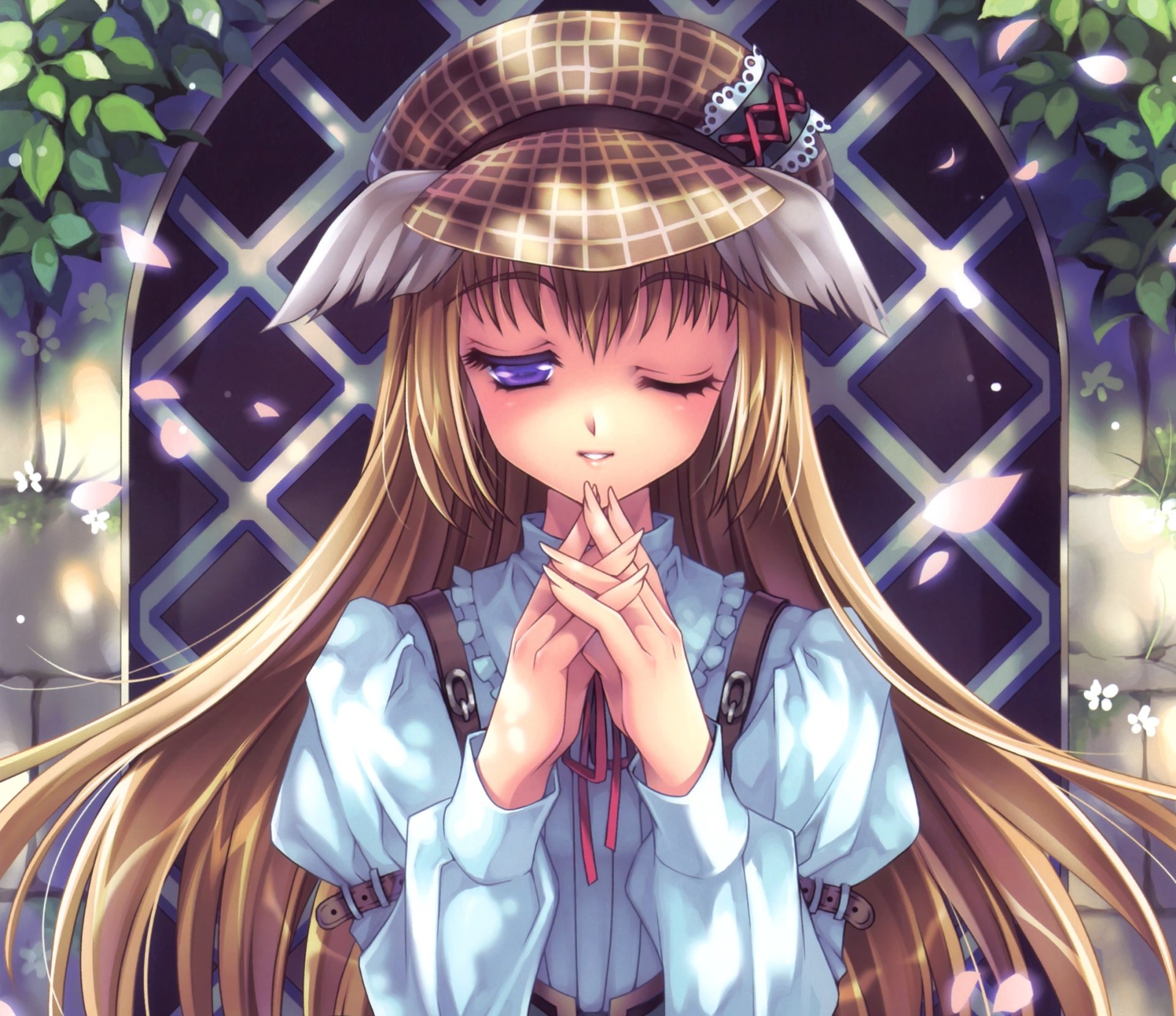 Download Petal Smile Blush Wink Purple Eyes Brown Hair Long Hair Hat Anime Original HD Wallpaper by Riv