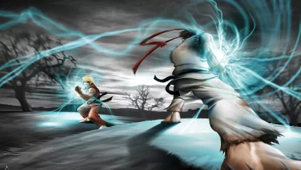Ken Masters and Ryu from Street Fighter face off in an intense battle, surrounded by a dynamic electric aura, set against a dark, atmospheric backdrop. HD desktop wallpaper.