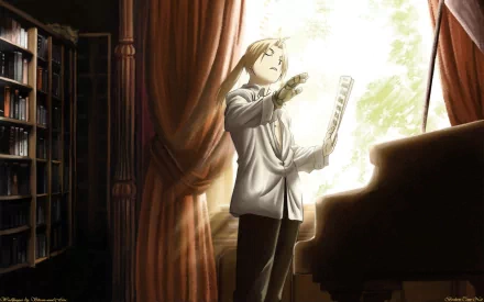 Edward Elric from Fullmetal Alchemist stands by a piano, illuminated by sunlight streaming through a window, creating a warm and inviting atmosphere in this HD wallpaper.