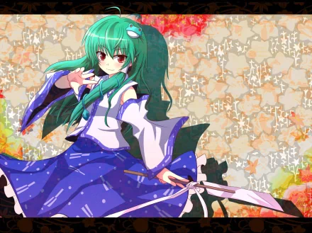 Anime HD PC desktop wallpaper of Sanae Kochiya (Touhou): green-haired shrine maiden in a blue-and-white outfit wielding a polearm against a colorful floral and starry background.