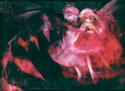 4K Touhou PC wallpaper: anime sisters Flandre Scarlet and Remilia Scarlet in flowing red and pink dresses with crystalline/ghostly wings against an abstract dark background.
