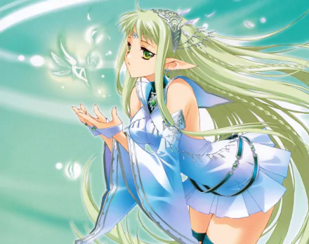 4K Ultra HD PC desktop anime original wallpaper: blonde, long-haired fairy with braid, pointed ears, green eyes and ornate headdress, in a flowing blue dress releasing glowing motes.