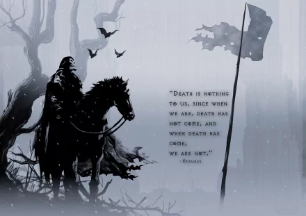 HD wallpaper featuring a dark, eerie scene with a skeleton on a horse, bats, and a tattered flag. The quote on the image reads, Death is nothing to us...when death has come, we are not.
