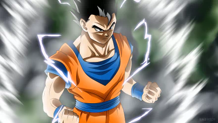 Gohan from Dragon Ball Super powers up, surrounded by energy and dynamic lightning effects. This vibrant image serves as a stunning 4K Ultra HD desktop wallpaper.