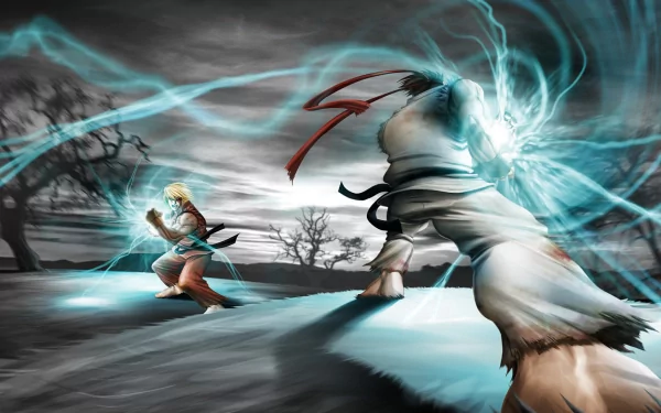Ken Masters and Ryu from Street Fighter face off in an intense battle, surrounded by a dynamic electric aura, set against a dark, atmospheric backdrop. HD desktop wallpaper.
