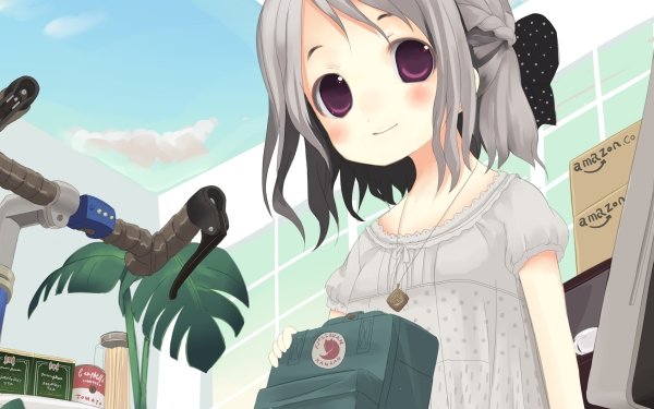 Anime Original Short Hair Grey Hair Bag bow Bike Blush Smile HD Wallpaper | Background Image