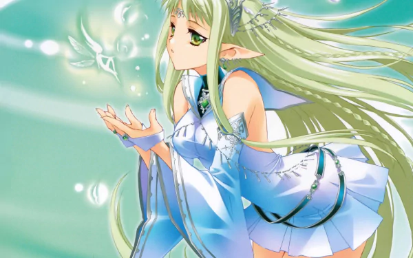 4K Ultra HD PC desktop anime original wallpaper: blonde, long-haired fairy with braid, pointed ears, green eyes and ornate headdress, in a flowing blue dress releasing glowing motes.