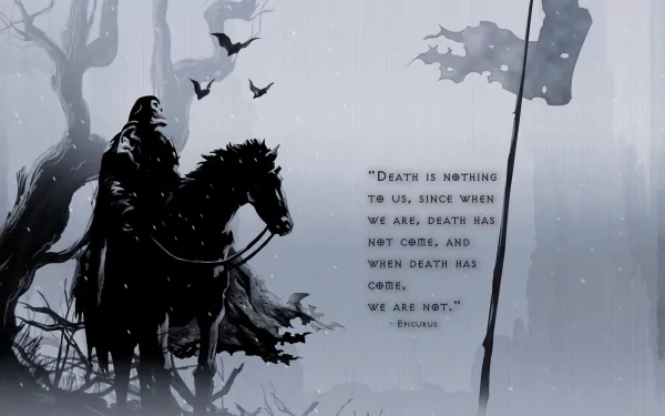 HD wallpaper featuring a dark, eerie scene with a skeleton on a horse, bats, and a tattered flag. The quote on the image reads, Death is nothing to us...when death has come, we are not.