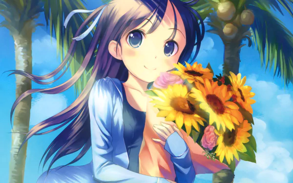 blush brown hair long hair smile swimsuit palm tree sunflower Anime Original HD Desktop Wallpaper | Background Image