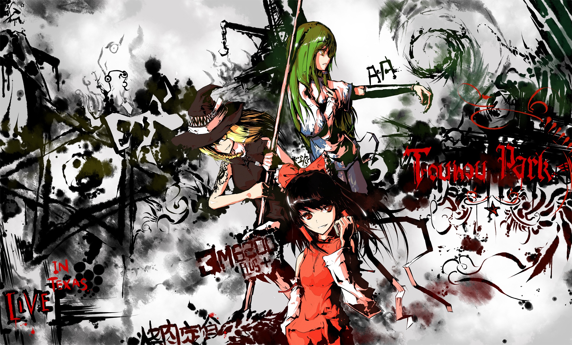 Reimu, Marisa, and Sanae in a vibrant desktop wallpaper