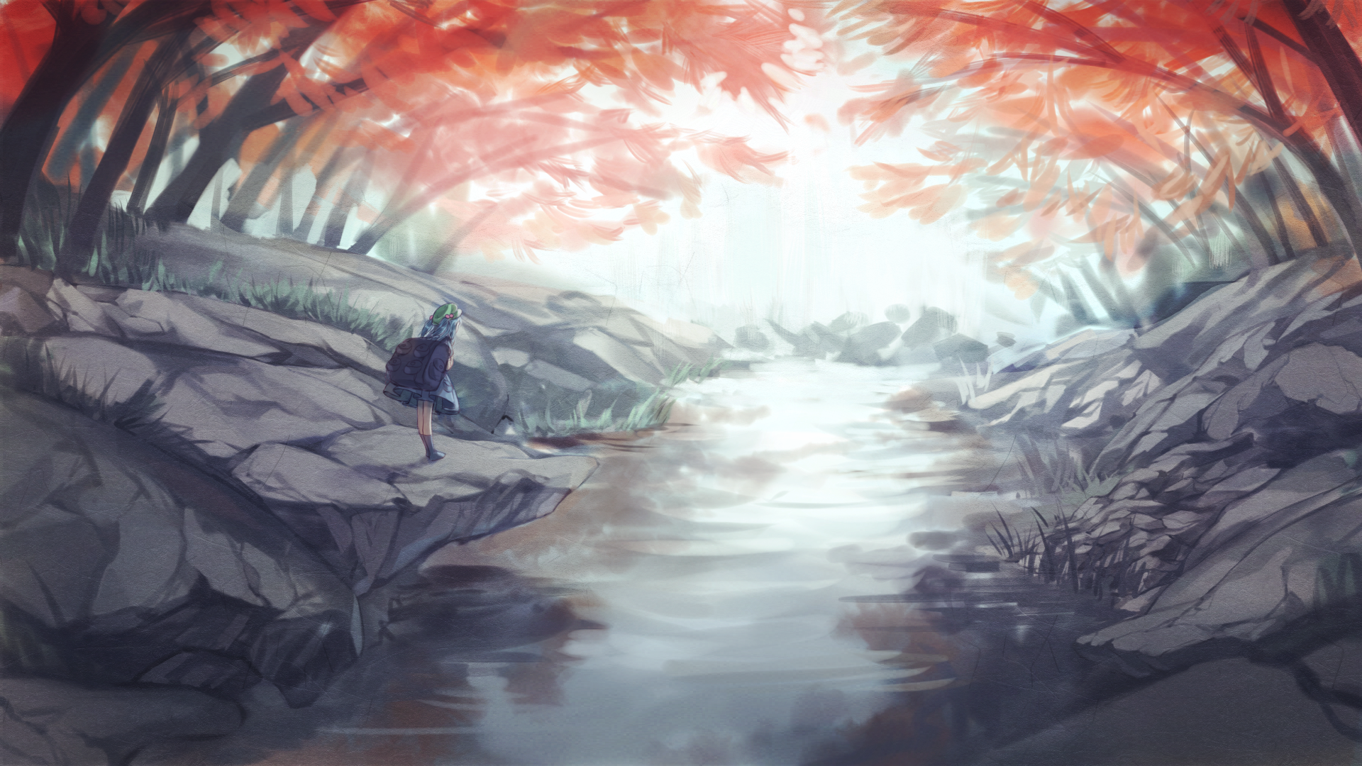 HD anime desktop wallpaper featuring Nitori Kawashiro from Touhou, standing by a serene river surrounded by vibrant autumn trees.
