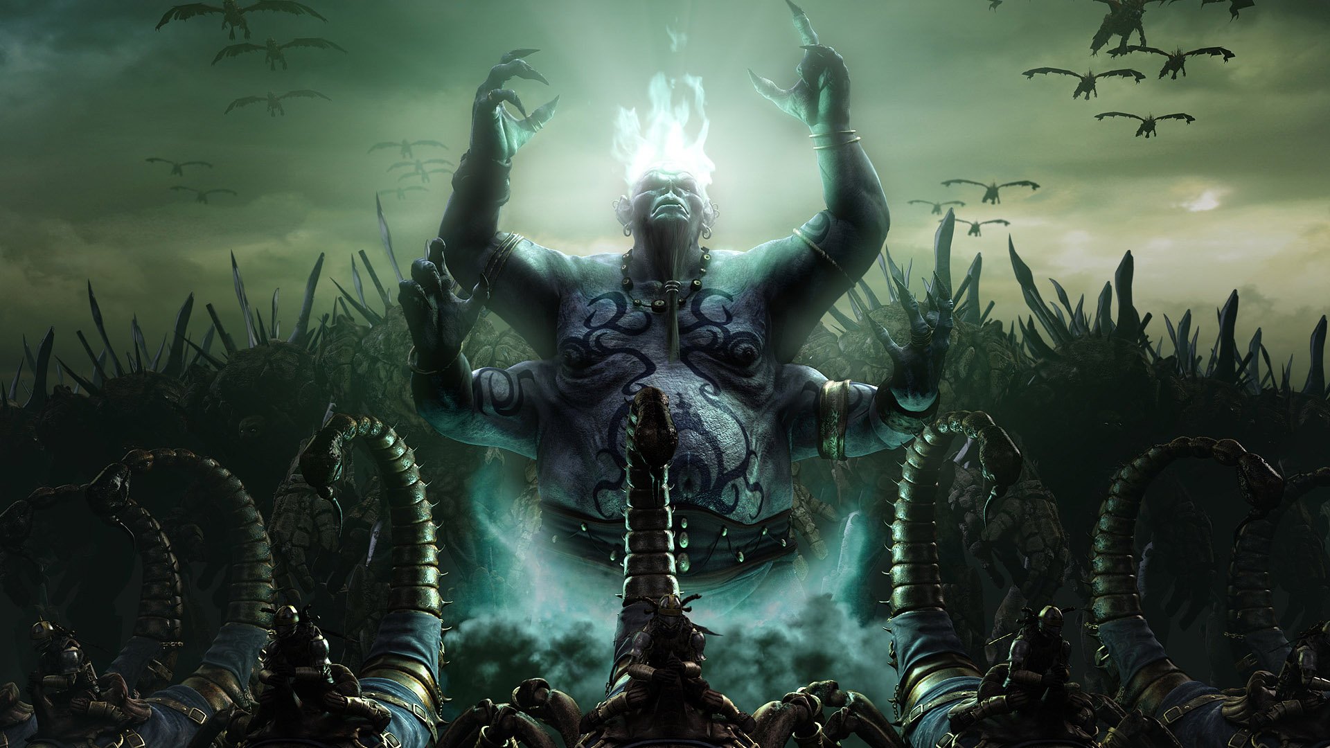 HD PC desktop wallpaper from the fantasy video game Rise of Legends, featuring a demonic army summoning dark powers beneath a stormy sky.