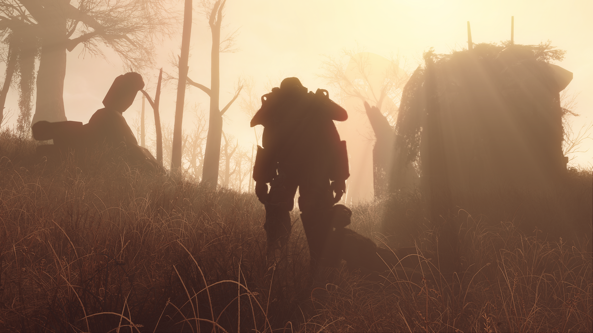HD desktop wallpaper of Fallout 4 showing a silhouetted character in power armor walking through a foggy, post-apocalyptic landscape with bare trees and tall grass.