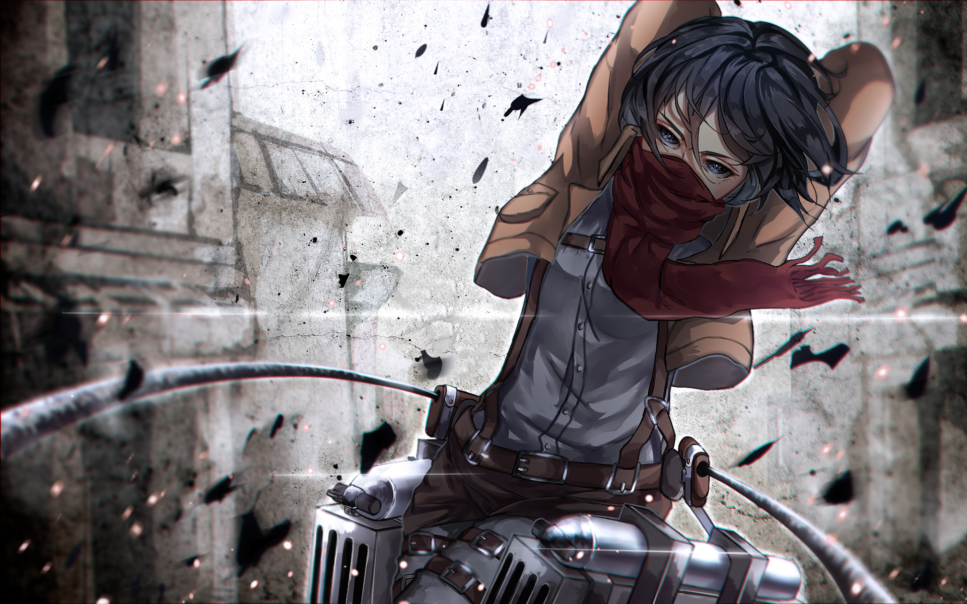 HD desktop wallpaper featuring Mikasa Ackerman from the anime Attack on Titan, poised with her gear amidst a dynamic, action-filled background.