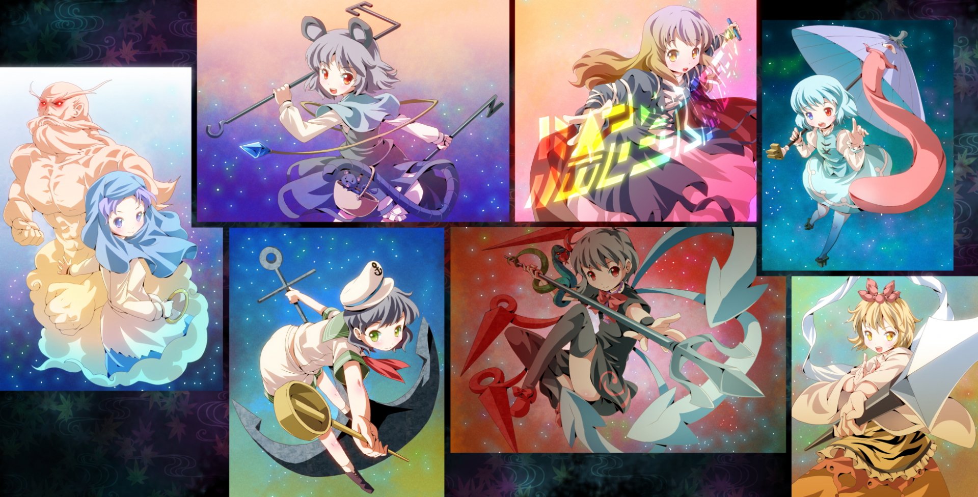 HD Touhou anime desktop wallpaper featuring Unzan, Shou Toramaru, Kogasa Tatara, Nazrin, Minamitsu Murasa, Ichirin Kumoi, Nue Houjuu and Byakuren Hijiri in colorful vignette panels.