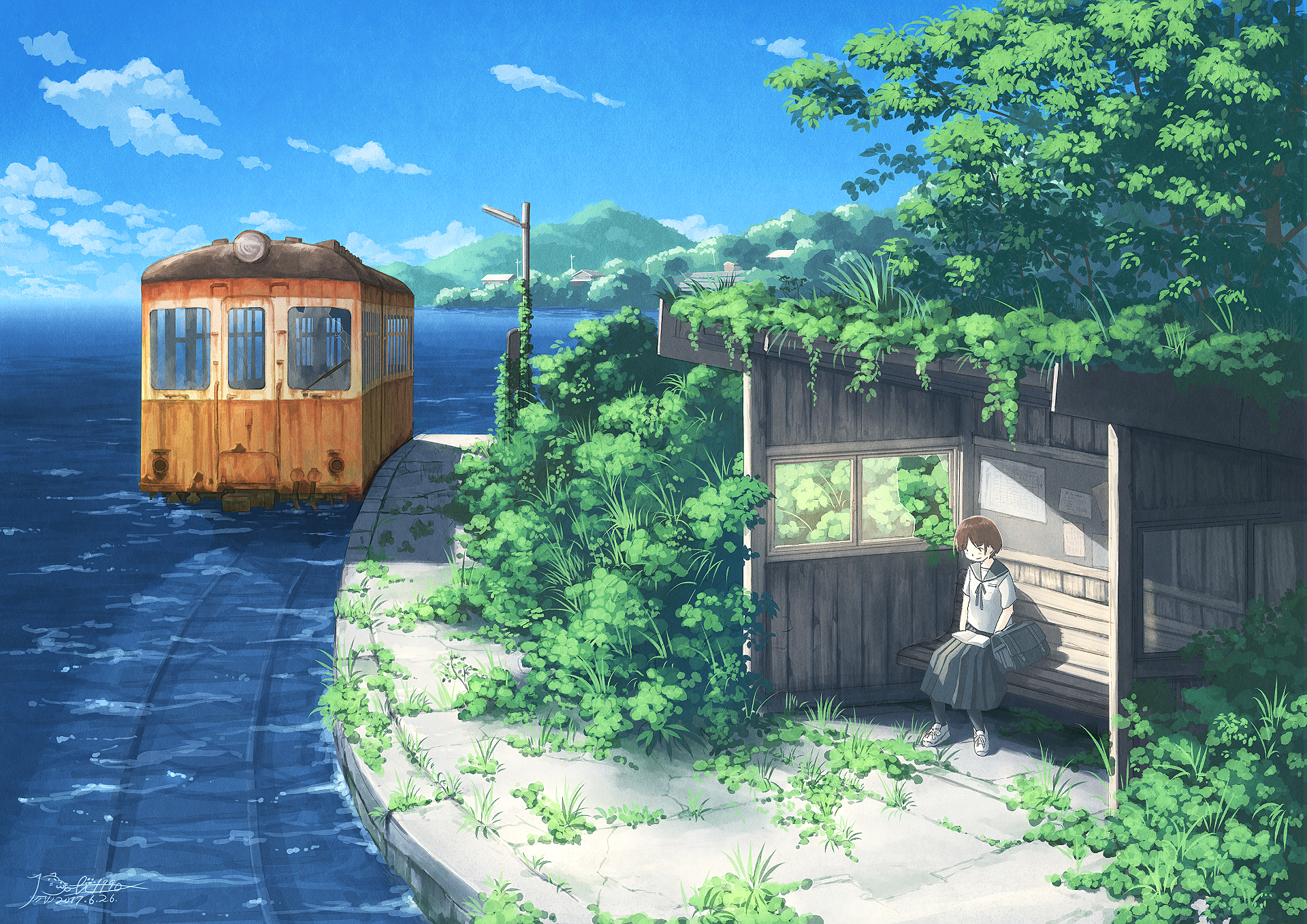 Anime HD wallpaper featuring an original scene of a girl sitting at a bench near a rustic train station by the water, surrounded by lush greenery under a bright blue sky.