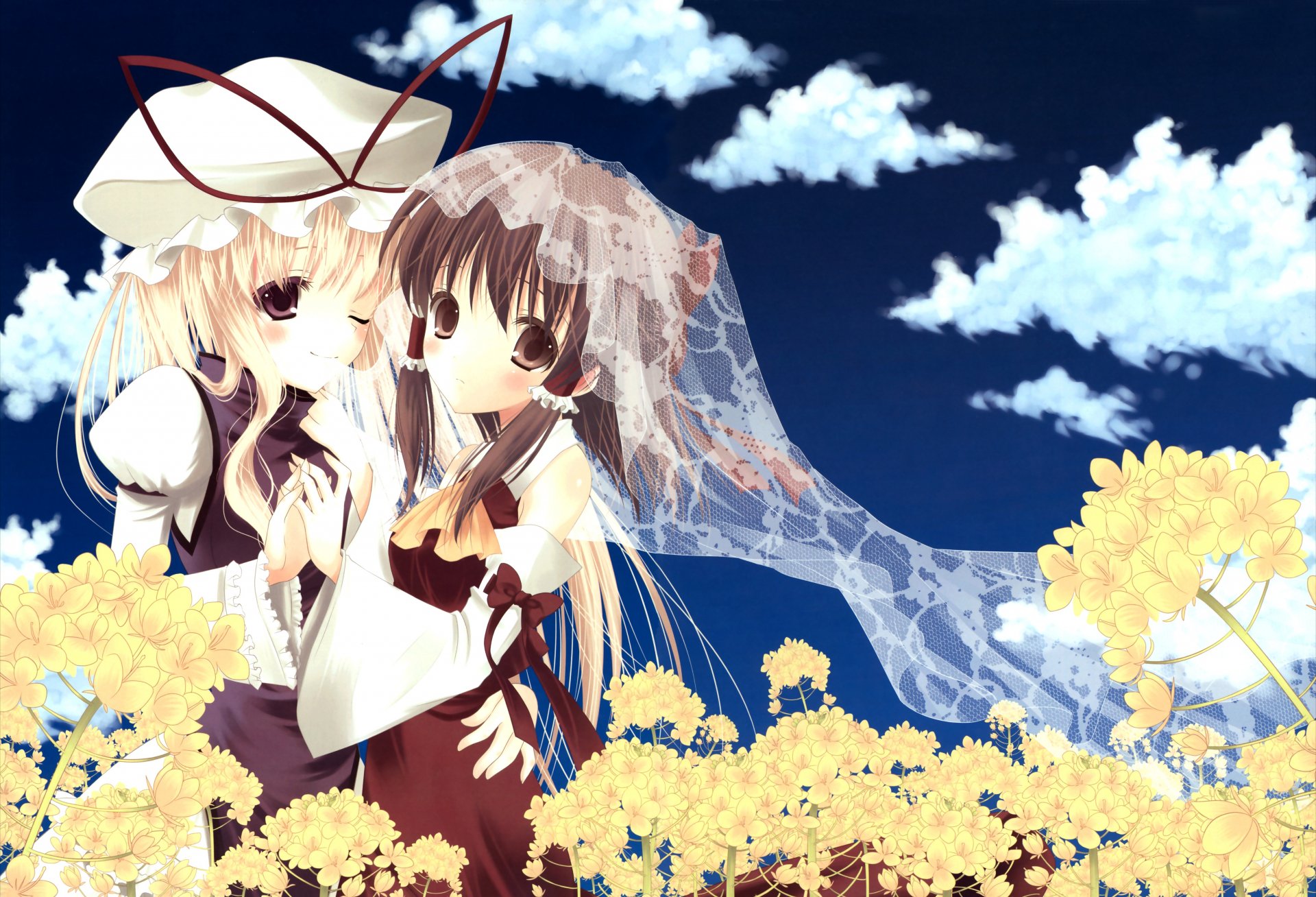 A vibrant HD desktop wallpaper featuring Reimu Hakurei and Yukari Yakumo, surrounded by bright flowers under a blue sky, emphasizing their long hair and expressive brown eyes.