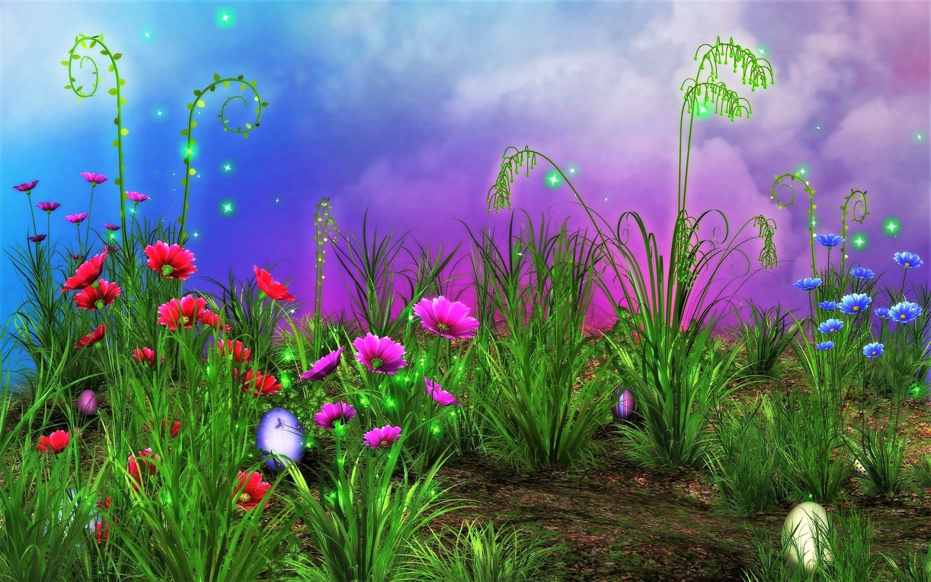 Bright spring flowers and green grass under a vibrant sky with Easter eggs, creating a colorful holiday scene on this HD PC desktop wallpaper.