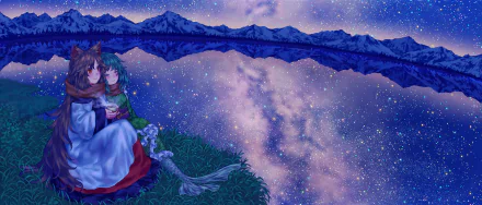 HD anime desktop wallpaper featuring Wakasagihime and Kagerou Imaizumi from Touhou, set against a starry night sky and reflective mountain lake.