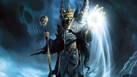 A powerful demon wizard from Heroes Of Annihilated Empires wields a glowing orb, surrounded by dark mist and skulls, embodying evil in a striking fantasy background.