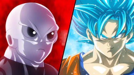 HD desktop wallpaper featuring Jiren on a red background and Goku in his Super Saiyan Blue form on a blue background, from the anime Dragon Ball Super.
