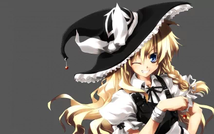 blue eyes braid blonde wink face Marisa Kirisame Anime Touhou HD Desktop Wallpaper | Background Image
