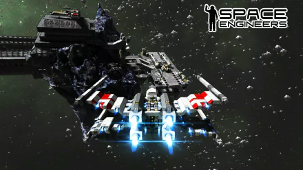 HD wallpaper featuring Space Engineers game with spacecraft and space station against a backdrop of stars.