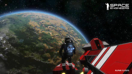HD desktop wallpaper featuring a space engineer character with a spaceship, overlooking Earth from orbit, tagged with Space Engineers video game logo.