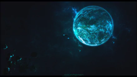 HD sci-fi desktop wallpaper depicting a blue planet in space with a nearby spaceship and asteroids illuminated against the dark cosmic background.