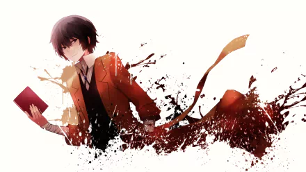 HD desktop wallpaper featuring Osamu Dazai from the anime Bungou Stray Dogs, set against a dynamic background with artistic splashes of color.