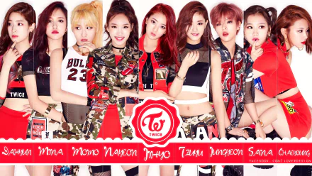 HD desktop wallpaper featuring the music group Twice, showcasing the members dressed in red and camo-themed outfits against a white background, with the band's name and logo prominently displayed.