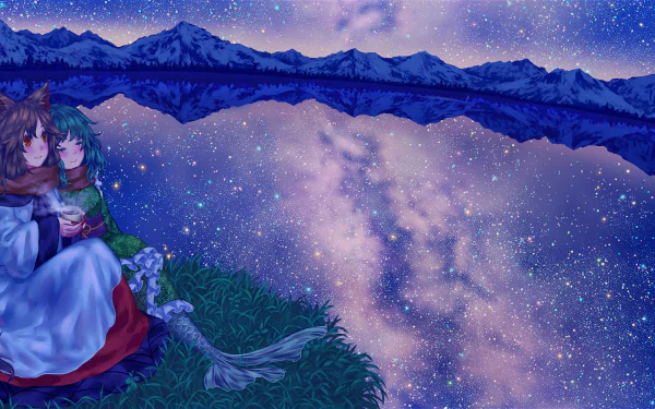 HD anime desktop wallpaper featuring Wakasagihime and Kagerou Imaizumi from Touhou, set against a starry night sky and reflective mountain lake.