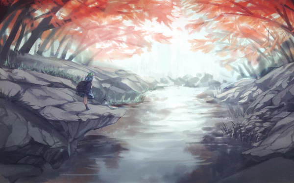 HD anime desktop wallpaper featuring Nitori Kawashiro from Touhou, standing by a serene river surrounded by vibrant autumn trees.