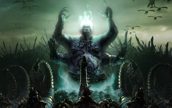 HD PC desktop wallpaper from the fantasy video game Rise of Legends, featuring a demonic army summoning dark powers beneath a stormy sky.