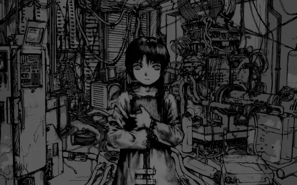 A detailed HD wallpaper featuring Lain Iwakura from the anime Serial Experiments Lain, set against a backdrop of a complex, technology-filled environment.