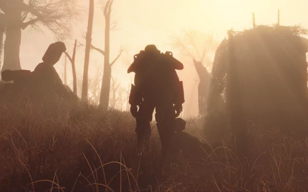 HD desktop wallpaper of Fallout 4 showing a silhouetted character in power armor walking through a foggy, post-apocalyptic landscape with bare trees and tall grass.