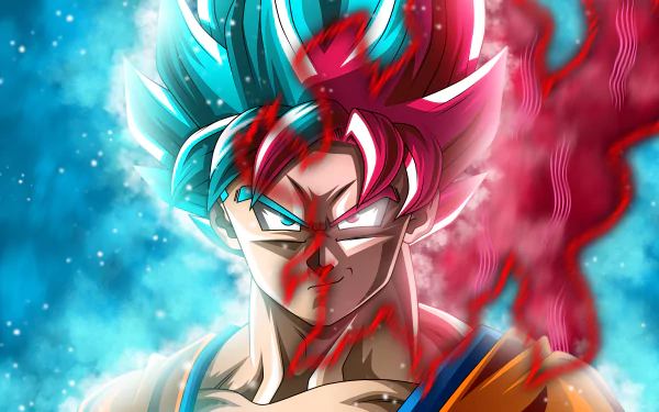 HD desktop wallpaper of Goku from Dragon Ball Super, showcasing a powerful dual-colored transformation amidst a dynamic background of swirling blue and red energy.