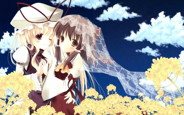 A vibrant HD desktop wallpaper featuring Reimu Hakurei and Yukari Yakumo, surrounded by bright flowers under a blue sky, emphasizing their long hair and expressive brown eyes.