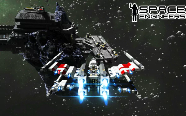 HD wallpaper featuring Space Engineers game with spacecraft and space station against a backdrop of stars.