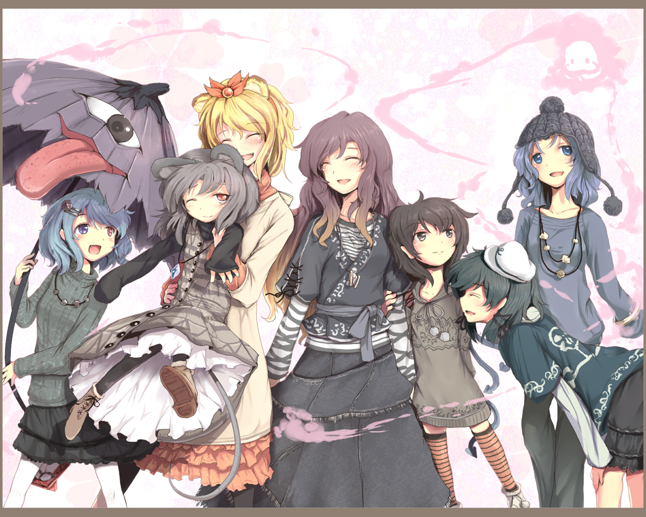Touhou characters Shou, Byakuren, Nazrin, Kogasa, Murasa, Nue, and Ichirin gathering together.