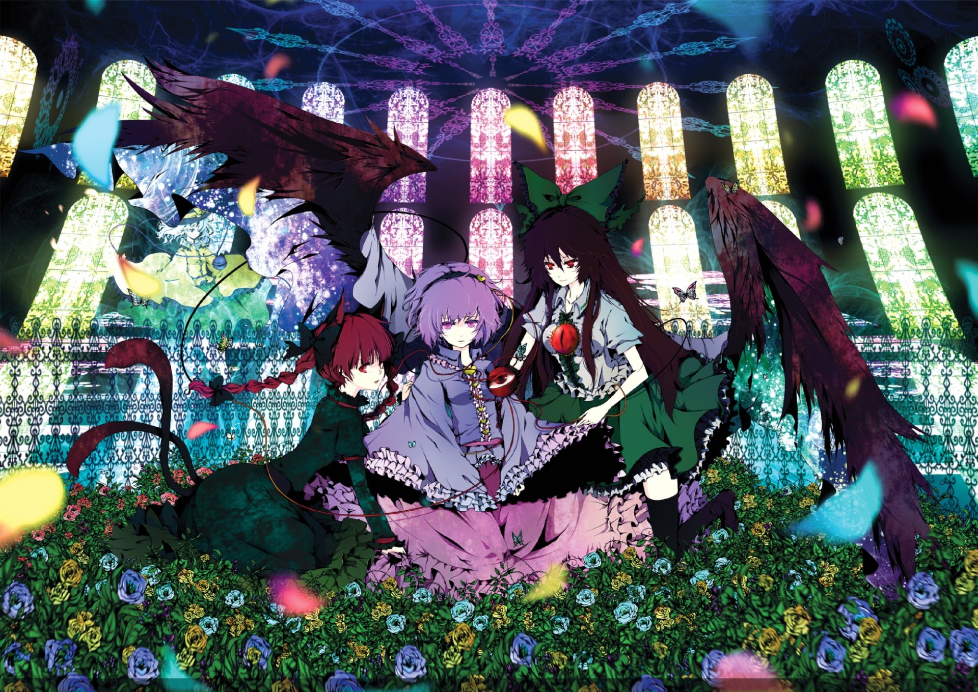 HD Touhou desktop wallpaper of Rin Kaenbyou, Satori Komeiji and Utsuho Reiuji in a stained-glass cathedral, surrounded by flowers and glowing butterflies.