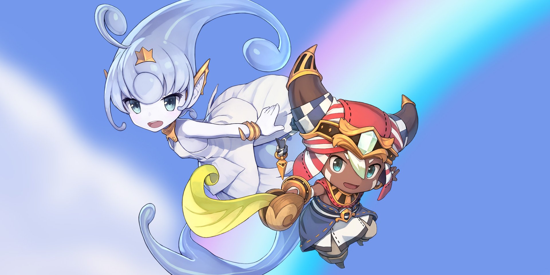 HD desktop wallpaper featuring characters from Ever Oasis against a blue sky background.